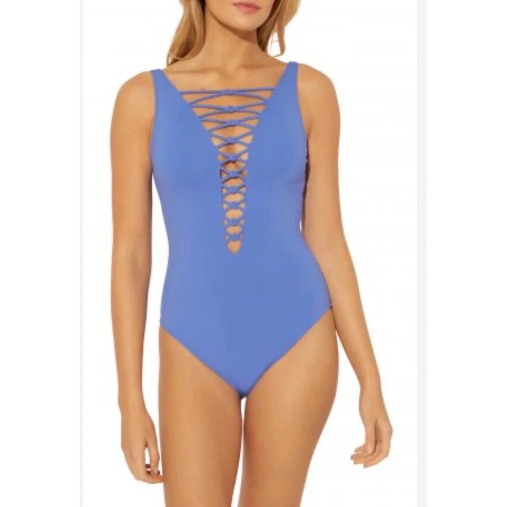 Bleu Rod Beattie Lace-Up One Piece Swimsuit Womens 10 Blue
